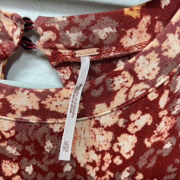 Free People Red tan Floral Long Sleeve Tiered Mini Dress printed XL prairie cott - Picture 2 of 8